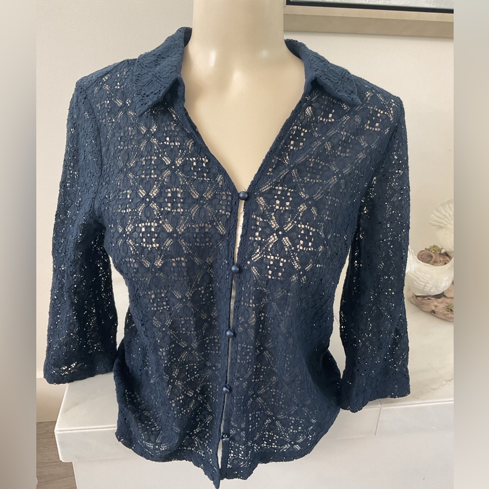By Cream  Blue Lace Button-Up Top with Collar.